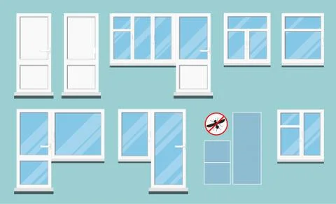 Set of isolated white plastic pvc room windows with handle. Illustration