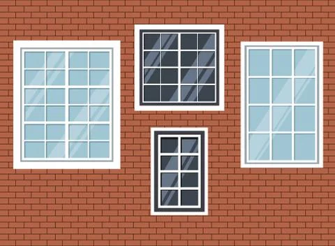 Set of isolated windows on red brick wall background. Stock Illustration