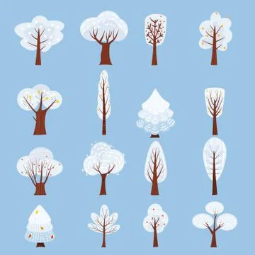 Set of Isolated Winter tree decorate stylized, snow, naked. Vector, cartoon Illustrazione stock