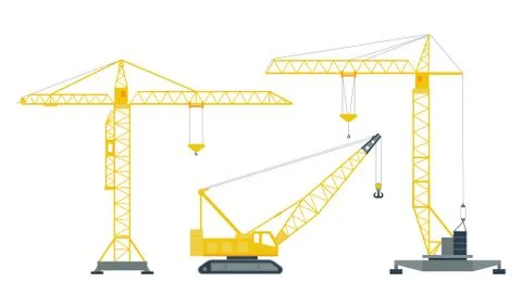 Set of isolated yellow hoisting cranes on white background. Collection of Stock Illustration