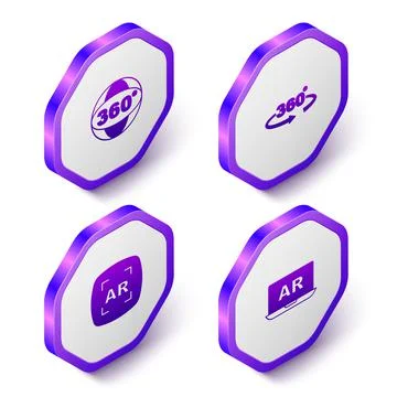Set Isometric 360 degree view, Augmented reality AR and icon. Purple hexagon Stock Illustration