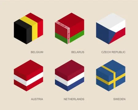 Set of isometric 3d boxes with flags Stock Illustration