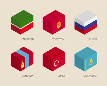 Set of isometric 3d boxes with flags Stock Illustration