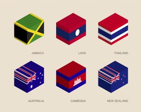 Set of isometric 3d boxes with flags Stock Illustration