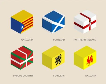 Set of isometric 3d boxes with flags of some European regions. Stockillustratie