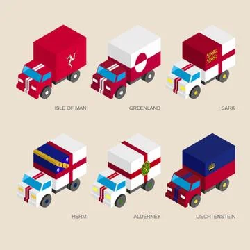 Set of isometric 3d cargo trucks with flags 스톡 일러스트