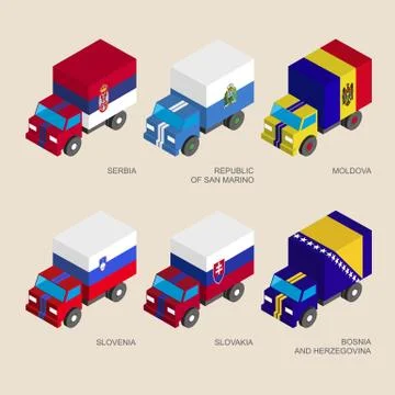 Set of isometric 3d cargo trucks with flags of European countries Stock Illustration