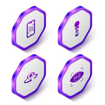 Set Isometric 3d modeling, VR controller game, 360 degree view and icon. Purple Stock Illustration