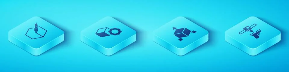 Set Isometric 3d pen tool, Isometric cube, 3D printer gun and icon. Vector 스톡 일러스트