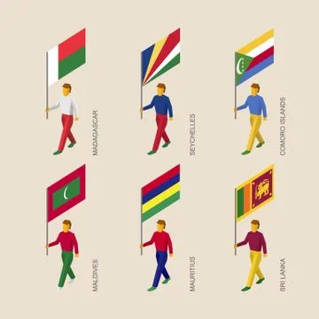 Set of isometric 3d people with flags of countries in Indian ocean Stock Illustration