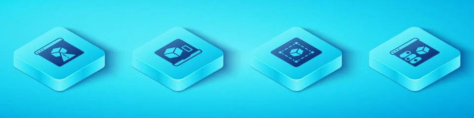 Set Isometric 3D printer, ,  and Geometric figure Cube icon. Vector Stock Illustration