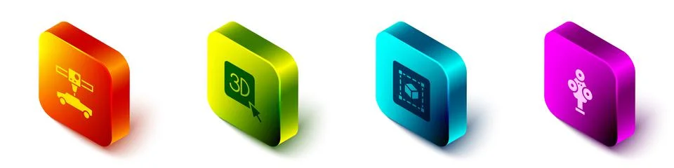 Set Isometric 3D printer car, , Geometric figure Cube and scanner icon. Vector Stock Illustration
