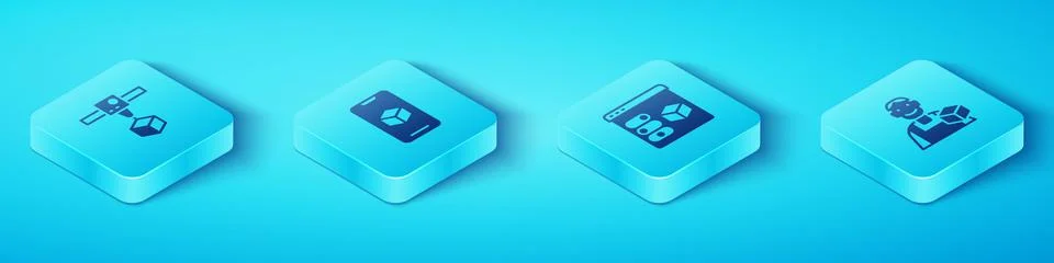 Set Isometric 3D printer cube, software, Graphic designer and icon. Vector Ilustração Stock