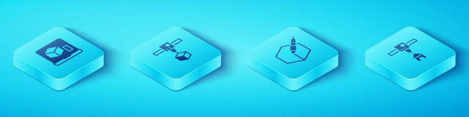 Set Isometric 3D printer, cube, house and 3d pen tool icon. Vector Illustrazione stock