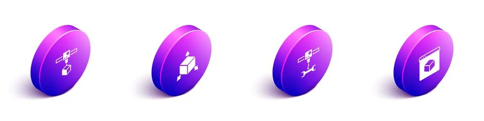 Set Isometric 3D printer cube, Isometric, wrench spanner and icon. Vector Stock Illustration