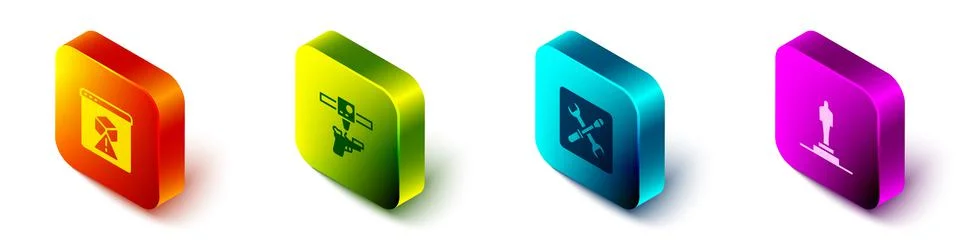Set Isometric 3D printer, gun, setting and model icon. Vector Stock Illustration
