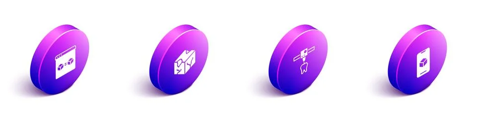 Set Isometric 3D printer perfect copy, Isometric cube, tooth and software ico Ilustração Stock