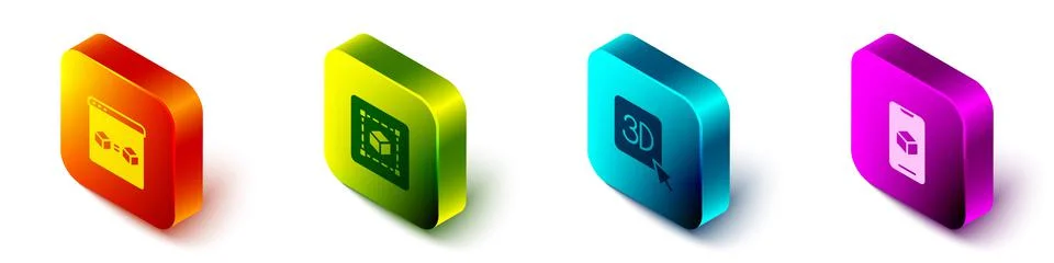 Set Isometric 3D printer perfect copy, Geometric figure Cube, and software icon Stock Illustration