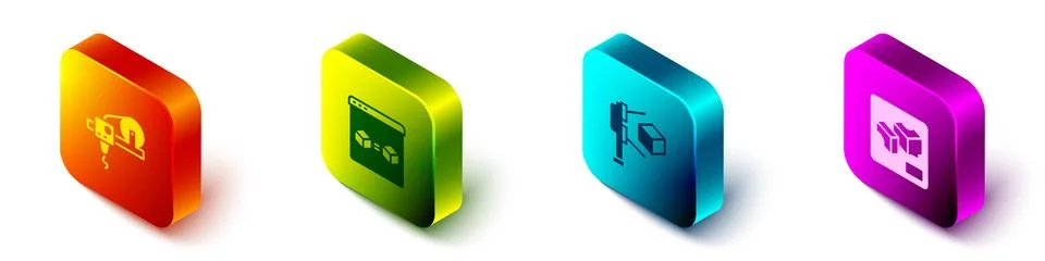 Set Isometric 3D printer, perfect copy, scanner with cube and icon. Vector Stock Illustration