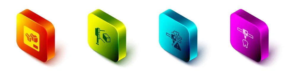 Set Isometric 3D printer, scanner with cube, warning and tooth icon. Vector Stock Illustration