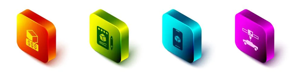 Set Isometric 3D printer services, Sketch on paper, software and car icon Stock Illustration