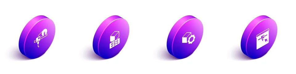 Set Isometric 3D printer, services, Isometric cube and setting icon. Vector Illustrazione stock