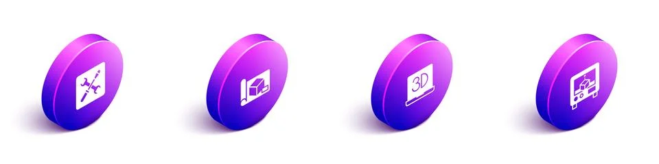 Set Isometric 3D printer setting, Graphing paper for engineering, and icon 스톡 일러스트