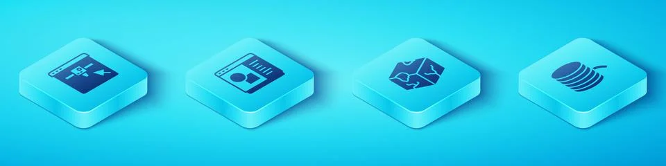 Set Isometric 3D printer setting, software, Filament for and Isometric cube icon Ilustração Stock