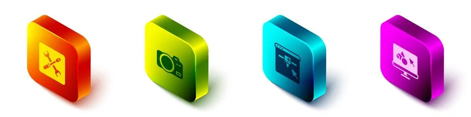 Set Isometric 3D printer setting, Photo camera, and software icon. Vector Stock Illustration