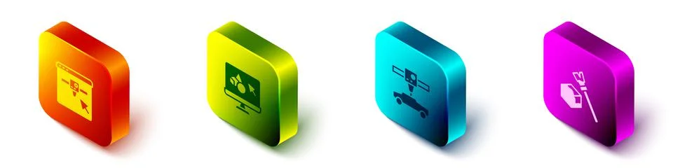 Set Isometric 3D printer setting, software, car and Isometric cube icon. Vector Stock Illustration