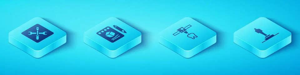 Set Isometric 3D printer setting, Sketch on paper, model and tooth icon. Vector Illustrazione stock