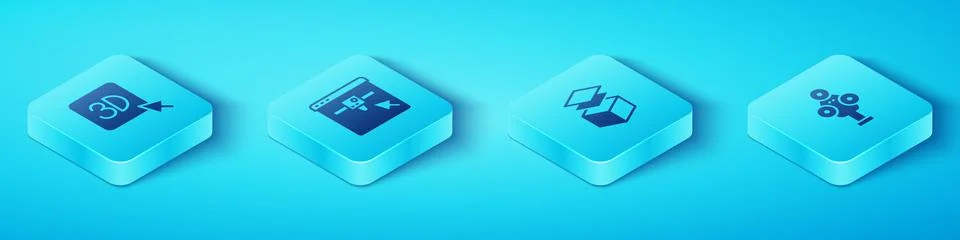 Set Isometric 3D printer, setting, scanner and Layers icon. Vector Stock Illustration