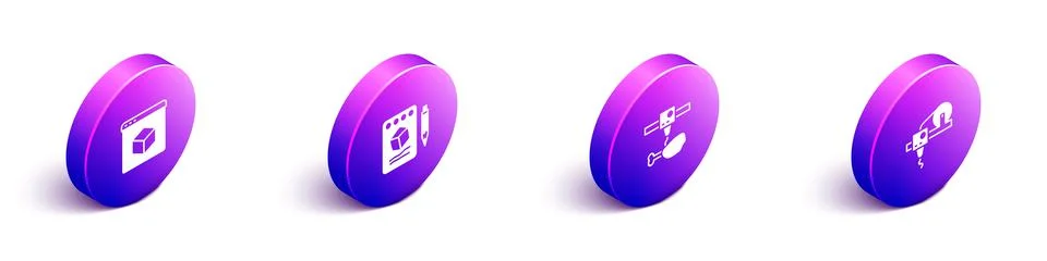 Set Isometric 3D printer, Sketch on paper, chicken leg and  icon. Vector Stock Illustration