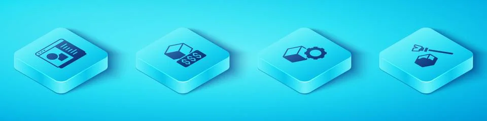 Set Isometric 3D printer software, services, Isometric cube and icon. Vector Ilustração Stock