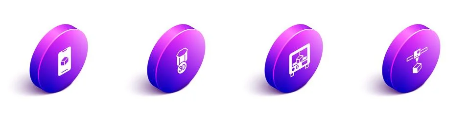 Set Isometric 3D printer software, , and cube icon. Vector Ilustração Stock