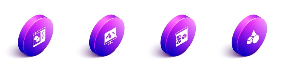 Set Isometric 3D printer software, , and Basic geometric shapes icon. Vector Ilustração Stock