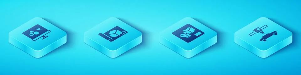 Set Isometric 3D printer software, Graphing paper for engineering, car and icon Stock Illustration