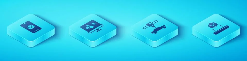 Set Isometric 3D printer software, , Isometric cube and car icon. Vector Ilustração Stock
