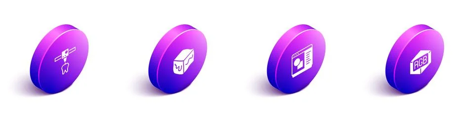 Set Isometric 3D printer tooth, Isometric cube, software and RGB and CMYK color Ilustração Stock