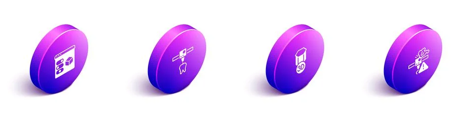 Set Isometric 3D printer, tooth, and warning icon. Vector Stock Illustration