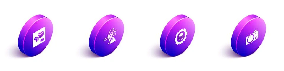 Set Isometric 3D printer, warning, setting and Photo camera icon. Vector Stock Illustration