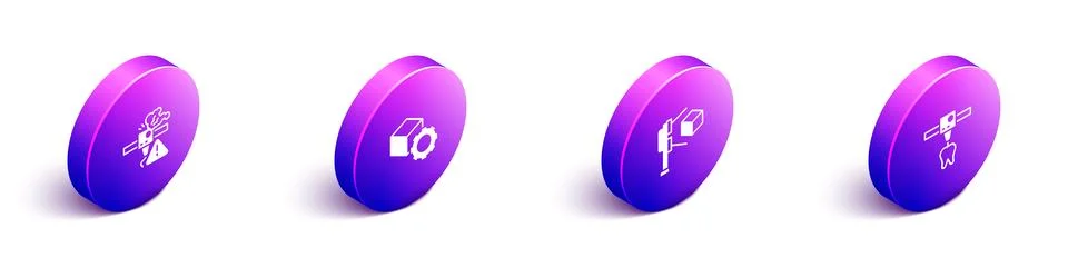 Set Isometric 3D printer warning, Isometric cube, scanner with and tooth icon Stock Illustration