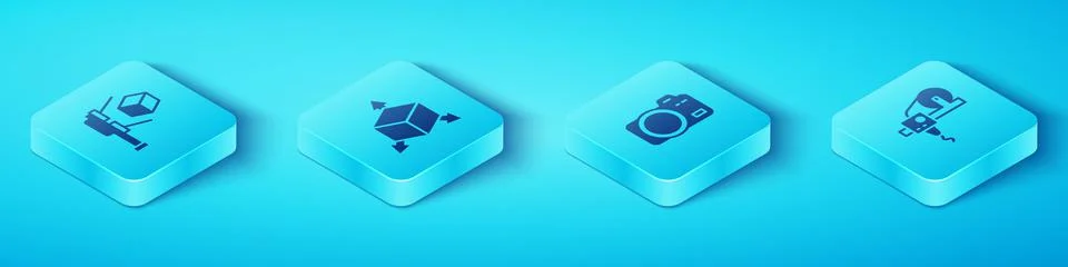 Set Isometric 3D scanner with cube, Isometric, printer and Photo camera icon Stock Illustration