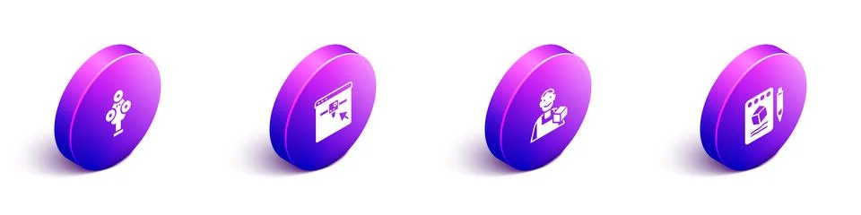 Set Isometric 3D scanner, printer setting, Graphic designer and Sketch on paper Illustrazione stock