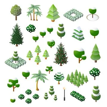 Set Isometric 3d trees forest nature elements white background Stock Illustration