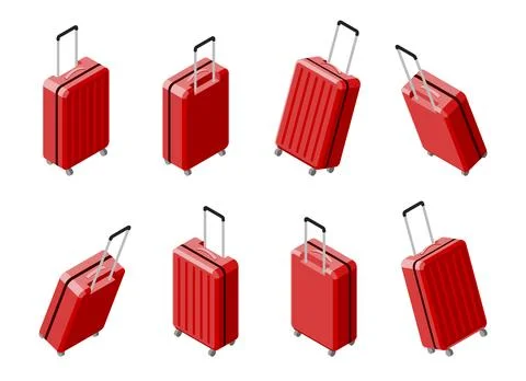 Set of isometric 3d view business travel hand bag luggage suitcase. Red isola Stock Illustration