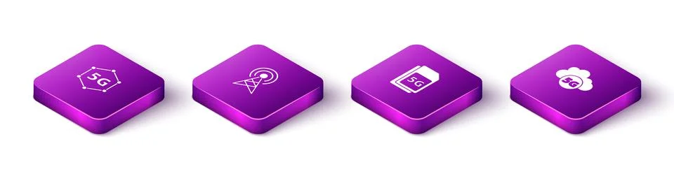 Set Isometric 5G network, Antenna, Sim Card and Cloud icon. Vector Stockillustratie