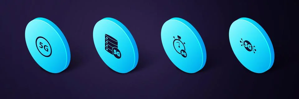 Set Isometric 5G network, Digital speed meter, Server and  icon. Vector Stock Illustration