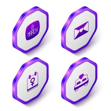 Set Isometric 8 March, Envelope with, Calendar and Bedroom icon. Purple hex.. Stock Illustration