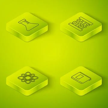 Set Isometric Abacus, Atom, Book and Test tube and flask icon. Vector Stock Illustration